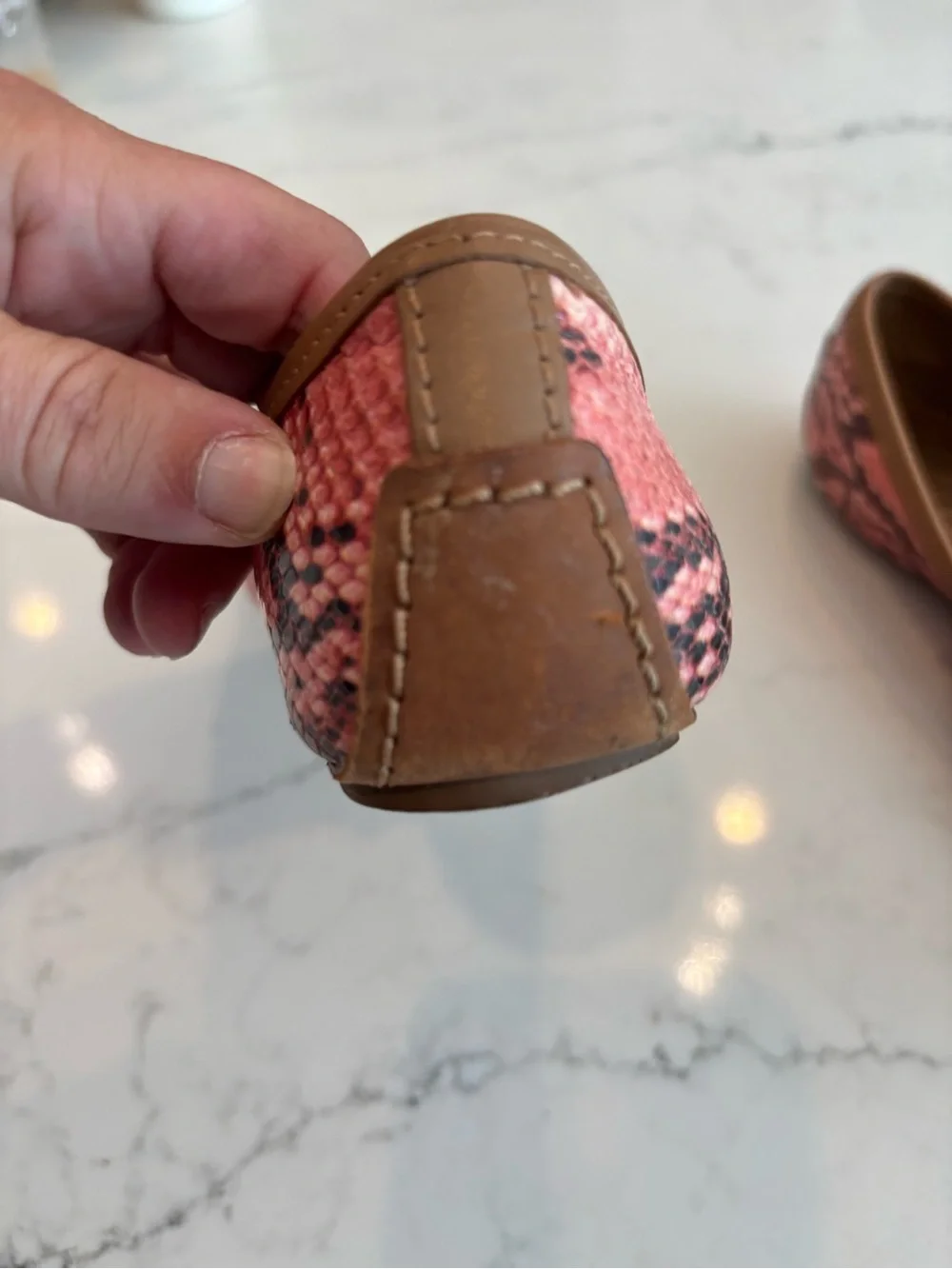 Tory Burch Pink Snakeskin-Print Leather Logo Ballet Flats with Tan Trim CT
